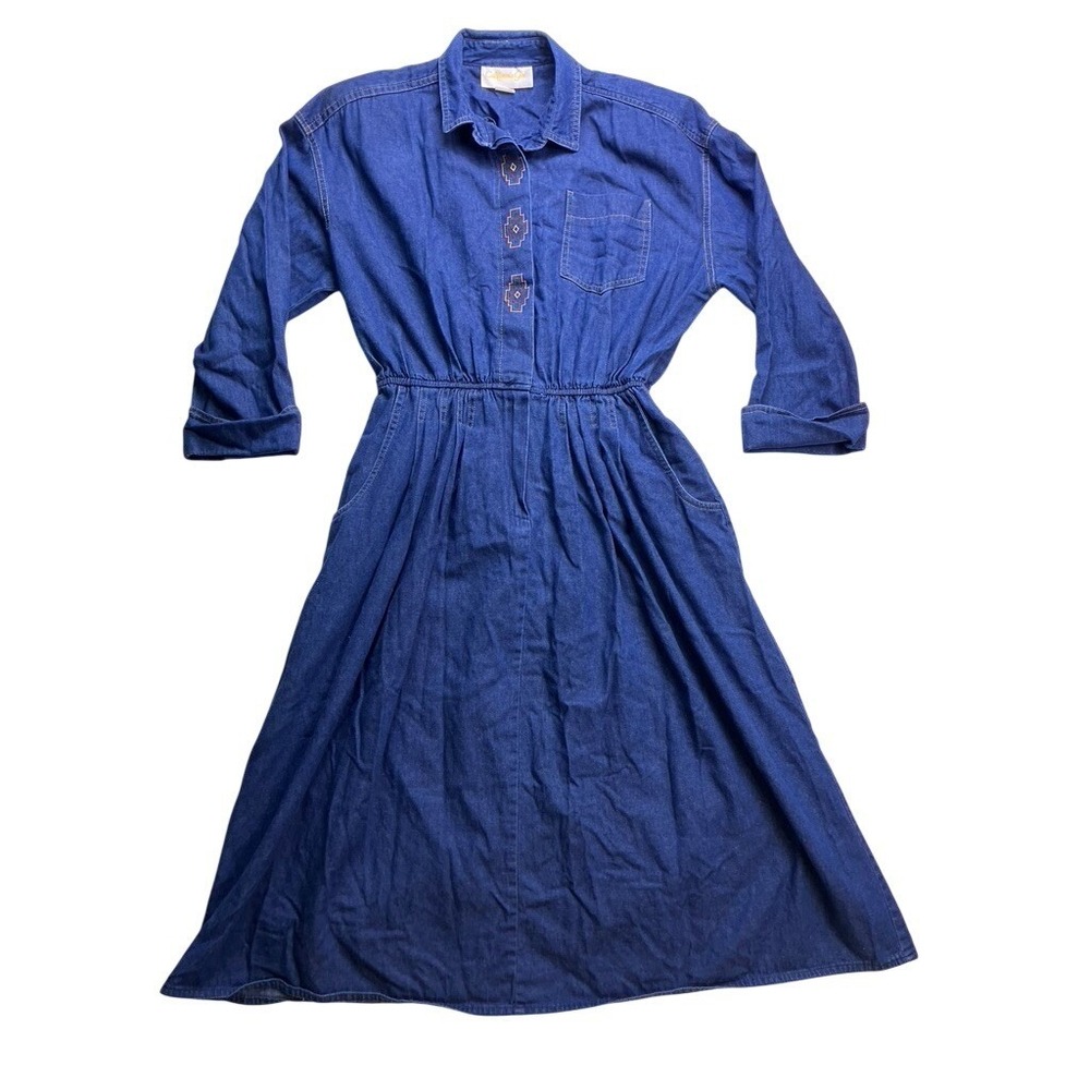 Vintage California Girl Denim Midi Dress Womens 16 Blue Embroidered Southwestern